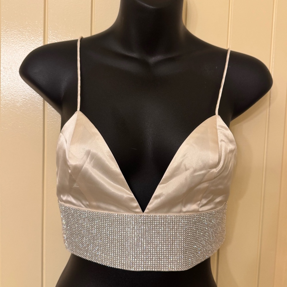 NWT Meshki Ivory Satin Crop Top with Rhinestone Detail size SMALL